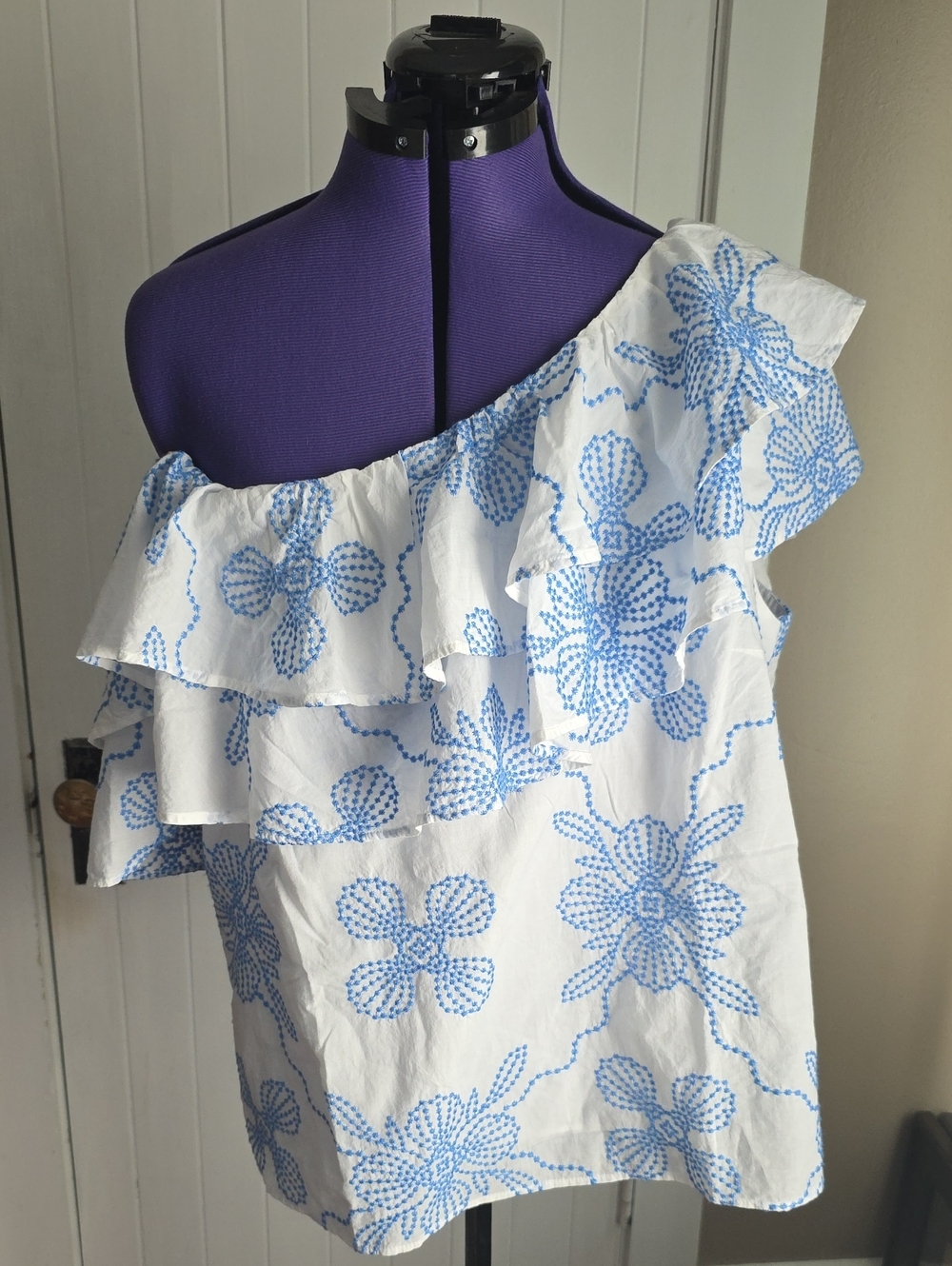 Lilly Pulitzer Trixie  White One-Shoulder Crop Top with Blue Floral Embroidery